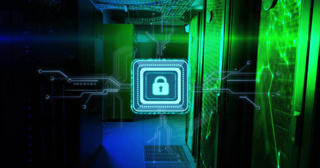 Glowing padlock icon hovering over data center corridor, projecting circuit overlay toward racks....