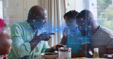 Pointing multi gen family sharing meal at dining table examining phone with berries and AR overlay....