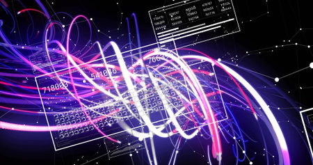Swirling neon ribbons and translucent UI panels forming cyberspace with keyboard grid, node web....