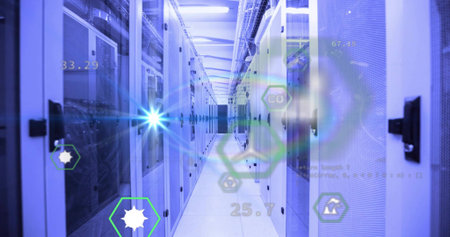 Leading central aisle showing server racks receding into data center, with holographic UI. Corridor,...