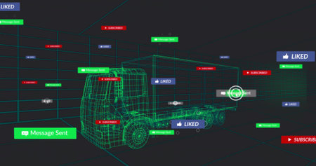 Displaying green wireframe truck rotating on teal grid planes, with badges, reticle, node markers....