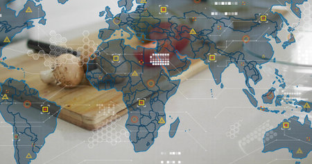 Showing cutting board with chef's knife, mushroom and sliced tomato on pale counter, data overlay. Kitchen, technology, network, infographic, culinary, prepの写真素材