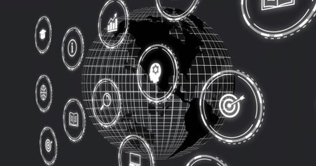 Displaying central wireframe globe rotating in virtual HUD interface, with floating icons. Sphere,...