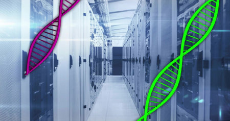 Framing server aisle converging to dark bay in data center, with magenta and green DNA overlay....