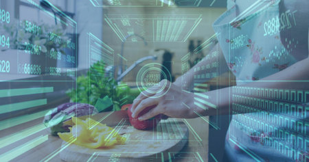 Chopping woman in floral apron slicing red pepper at kitchen counter with cutting board, knife, HUD....