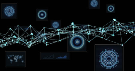 Displaying connected glowing-node network spanning middle of dark digital interface, with HUD rings....