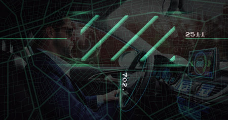 Steering mid-adult driver in dark jacket holding wheel in car navigating wireframe map with HUD....