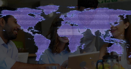 Meeting four colleagues wearing business casual planning at office with purple map overlay, laptop....