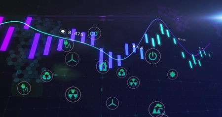Displaying neon energy virtual dashboard, showing curved cyan trendline, candlesticks, neon icons....