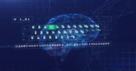 Pulsating holographic brain in cyber grid with UI panels keyboard icons green key and numeric strip....