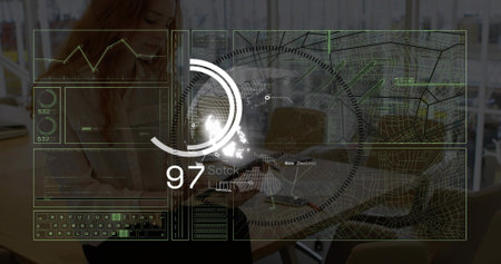 Typing woman in business attire using laptop at workplace with digital overlay, copy space. Female,...
