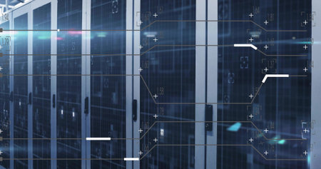 Glowing glass-fronted cabinets showing rack servers and LEDs in data center aisle, with HUD....