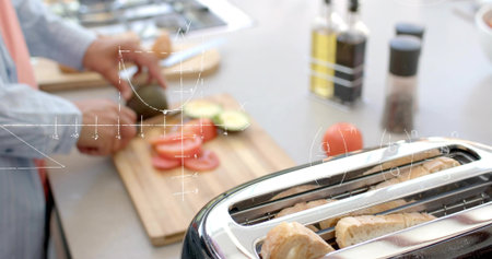 Chopping Indian man in striped shirt preparing avocado on cutting board by toaster, copy space....