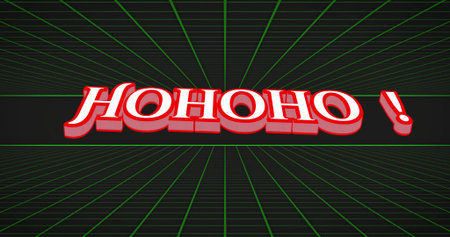 Floating stylized 3D HOHOHO! text hovering above retro neon grid stage, with dark horizontal band....