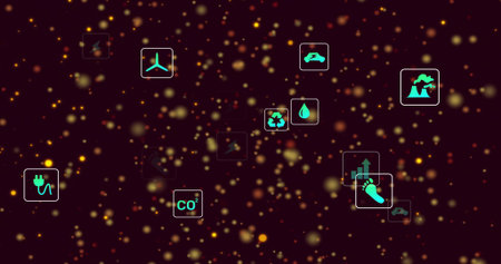 Floating centered teal icons: wind, recycle, CO2, plug, EV, footprint over maroon with gold bokeh. Turbine, recycling, water, carbon, energy, electric, carの写真素材