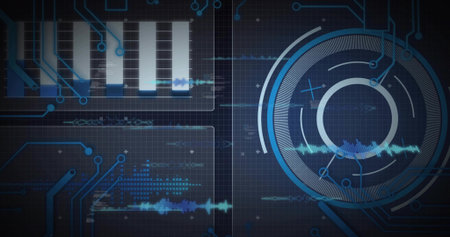 Showing large circular HUD on right of screen, with wave traces, panels, bars, grid, copy space....