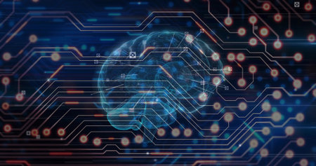 Floating wireframe brain pulsing in navy grid showing circuit traces, glowing nodes, sensor icons....
