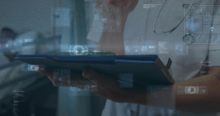 Holding clinician reviewing tablet with AR overlays in clinic, wearing white coat and stethoscope....