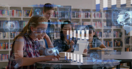 Working trio in plaid and dark clothes typing, pointing at laptop, tablet in library with holograms. Collaboration, study, teamwork, technology, devices, bookshelves, daylightの写真素材