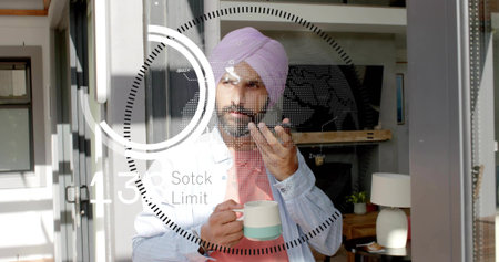 Holding phone and mug, turbaned man speaking behind glass, home office HUD showing Sotck Limit 13....