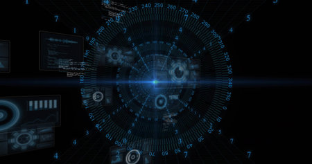 Displaying holographic HUD in dark virtual UI, showing concentric rings, gear icons, data panels....