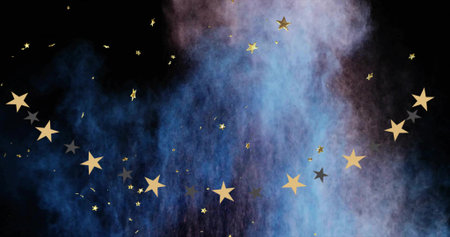 Shimmering gold star cutouts forming arc on black backdrop, blue purple plume, confetti. Celestial,...