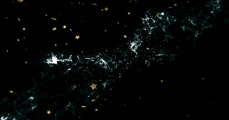 Glowing filamentous network spanning black void, displaying turquoise-white nodes and gold stars....