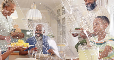 Serving multigenerational family sharing meal at dining table with corn, HUD overlay. Relatives,...