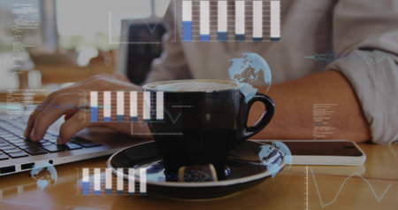 Sitting black ceramic cup on saucer near window at cafe, showing laptop, phone, HUD, rolled sleeve....