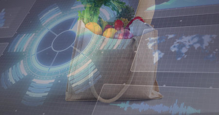 Displaying reusable tote bag filled with greens and fruits on neutral surface, with HUD overlay....