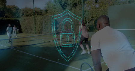 Serving, male in white-shirt dark-shorts with racket on park court, teal shield padlock, copy space....