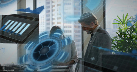 Analyzing professionals in dark suit and tie, light blazer, leaning at office desk with AR overlays....