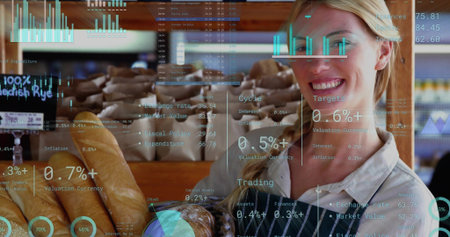 Smiling baker wearing striped apron arranging baguettes at counter with HUD overlays, copy space....
