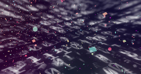 Floating pale alphanumeric characters and colorful confetti creating digital data field with bokeh....