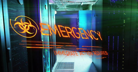 Displaying translucent warning panel glowing over server racks in data center, with biohazard decal....