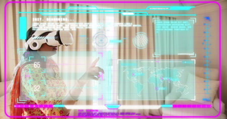 Pointing Indian woman wearing white VR set kurta orange dupatta at home using AR-HUD, copy space....