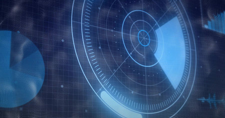 Scanning circular radar interface showing concentric rings, pie-sector sweep, and 3D dot-mesh HUD. Sonar, display, futuristic, data, visualization, neon, glowの写真素材