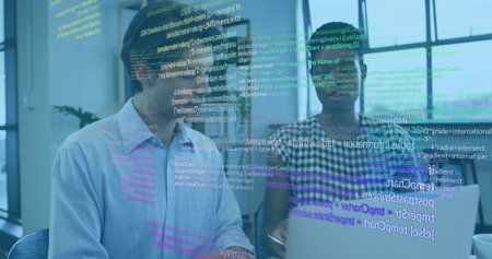 Discussing coworkers in blue shirt, checked blouse at office viewing laptop with glass code overlay....
