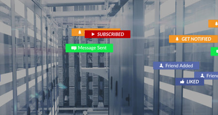 Leading central server rack row drawing eye down data center aisle, showing floating notifications....
