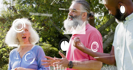 Speaking bearded man wearing pink polo gesturing while explaining in sunny park with AR graphics....