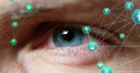Showing adult male right eye with eyelashes revealing biometric overlay in clinic with teal icons. Iris, pupil, macro, hexagon, network, data, visualizationの写真素材