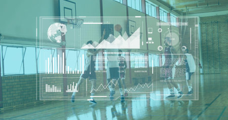 Dribbling five male players wearing jerseys and shorts on school gym court. Team, athletes, drill, training, backboard, hoop, woodの写真素材
