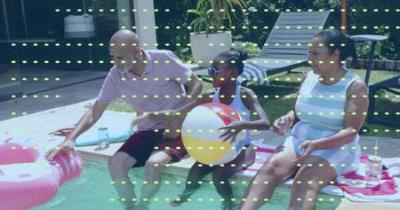 Sitting seniors and granddaughter in pale pink polo, dark swimsuit, holding beach ball at home pool....