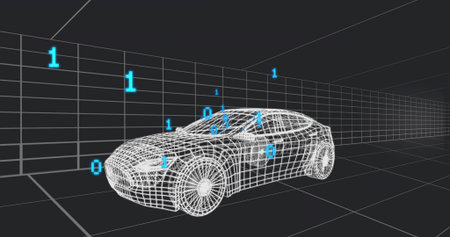 Displaying wireframe sedan with mesh wheels in digital grid tunnel, floating cyan binary digits. Futuristic, neon, cyber, virtual, perspective, holographic, renderの写真素材