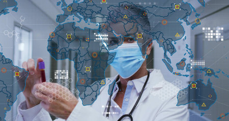 Inspecting senior doctor labcoat mask holding purplecap blood tube and stethoscope clinic overlay....