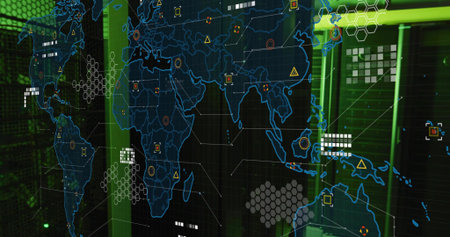 Projecting ghosted world map overlay centering in data center, with racks, hex clusters, green LEDs....