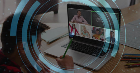 Writing student wearing plaid shirt joining call at home table, using green pencil near laptop HUD....