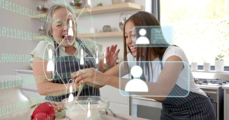 Family members cracking egg into bowl in home kitchen, wearing pinstriped aprons with AR overlays....