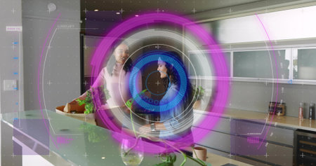 Chatting two women exchanging groceries at modern kitchen island, with holographic UI overlay. Duo,...