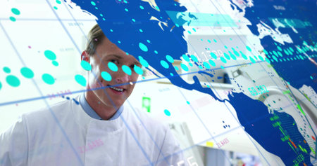 Standing lab scientist wearing white coat studying world map overlay in research lab, copy space....